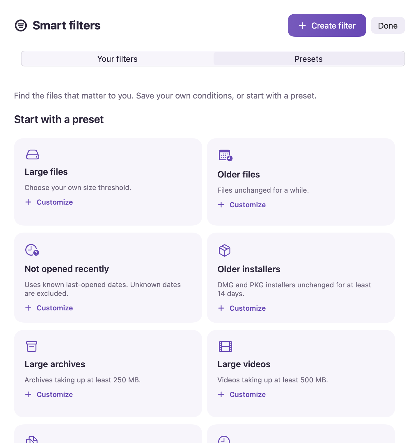 Trayage Smart filters library with the Presets tab showing Large files, Older files, Not opened recently, Older installers, Large archives, and Large videos.