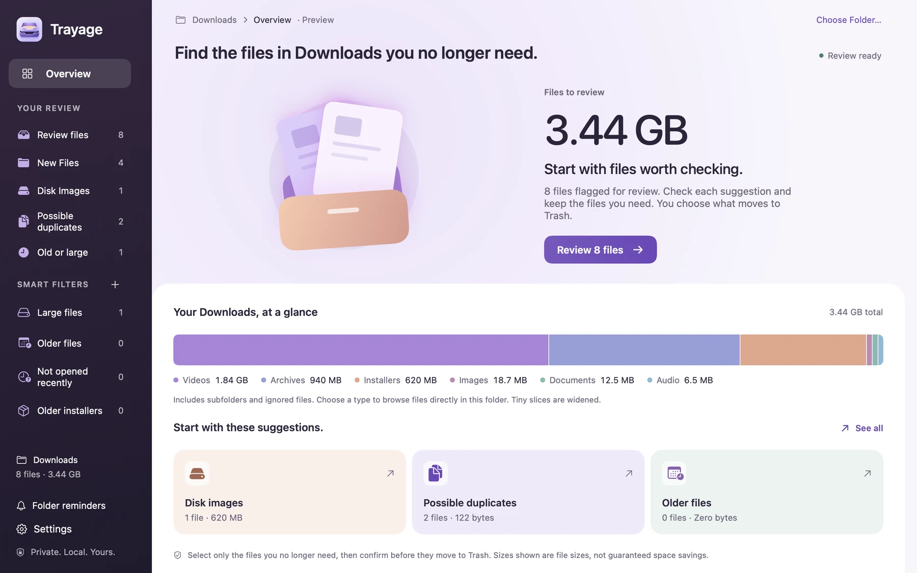 Trayage’s new violet identity in the redesigned overview, including the layered tray artwork and purple review controls.