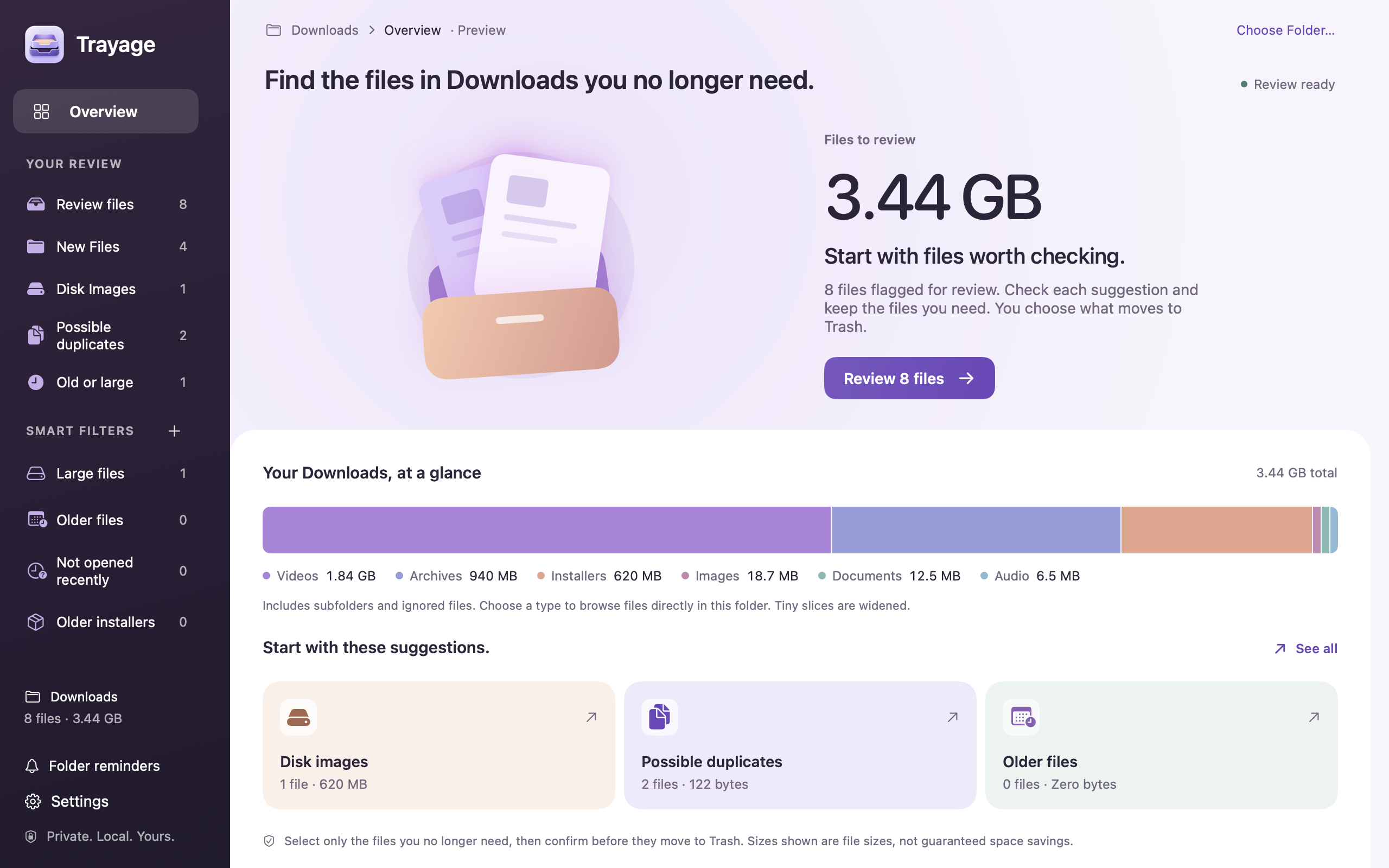 Trayage 1.1 in light appearance, showing a Downloads overview with sample files.