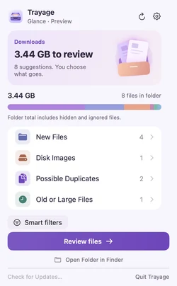 Trayage Glance menu-bar view showing the Downloads summary and file groups with sample data.