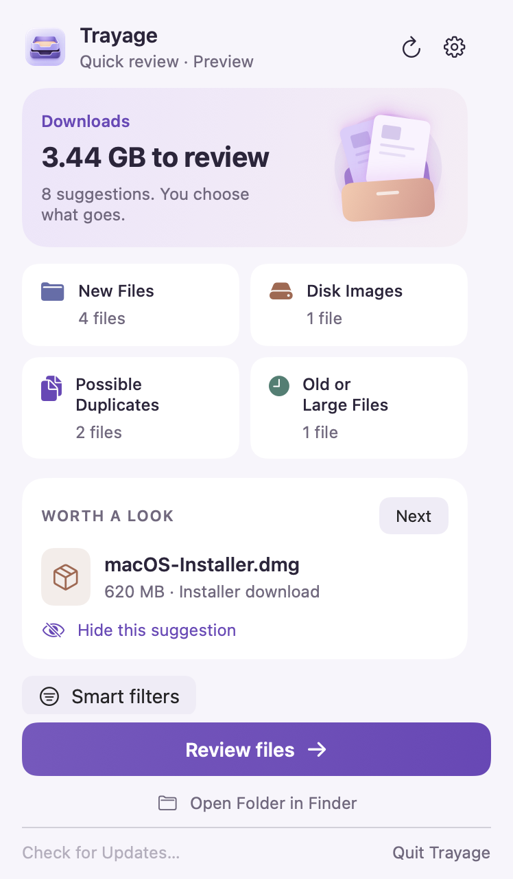 Trayage’s Quick Review menu-bar view showing a sample installer suggestion with Next, Hide this suggestion, and Review files controls.