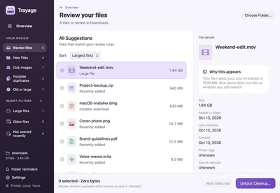 Trayage review window with a sidebar, sample Downloads file list, and file details.